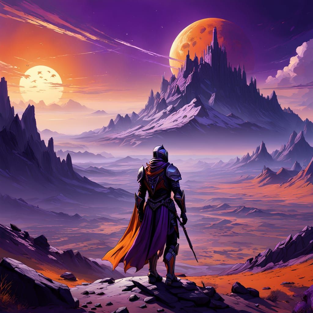 Knight on Alien Planet at Binary Sunset