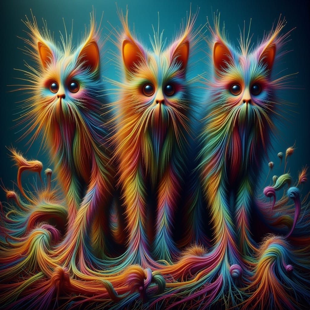 Surrealist Oil Painting of Floral Cats in Dramatic Light