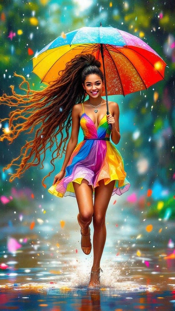Youthful Girl with Vibrant Hair and Umbrella Dances in Rainy...