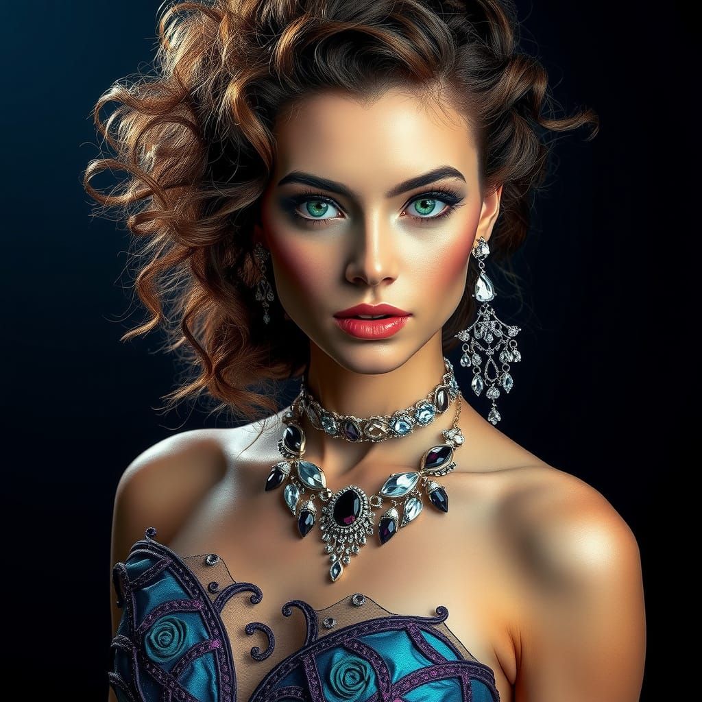 Majestic Woman in Iridescent Gown with Emerald Eyes and Hype...