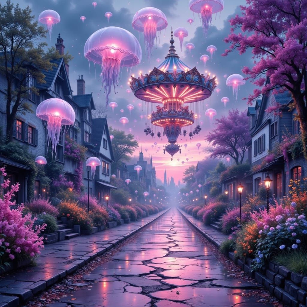 Iridescent Sky-Jellies Drift Towards Cloud Carousel