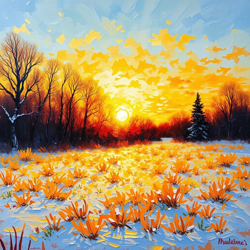 Impressionist Winter Sunset Meadow in Van Gogh Style
