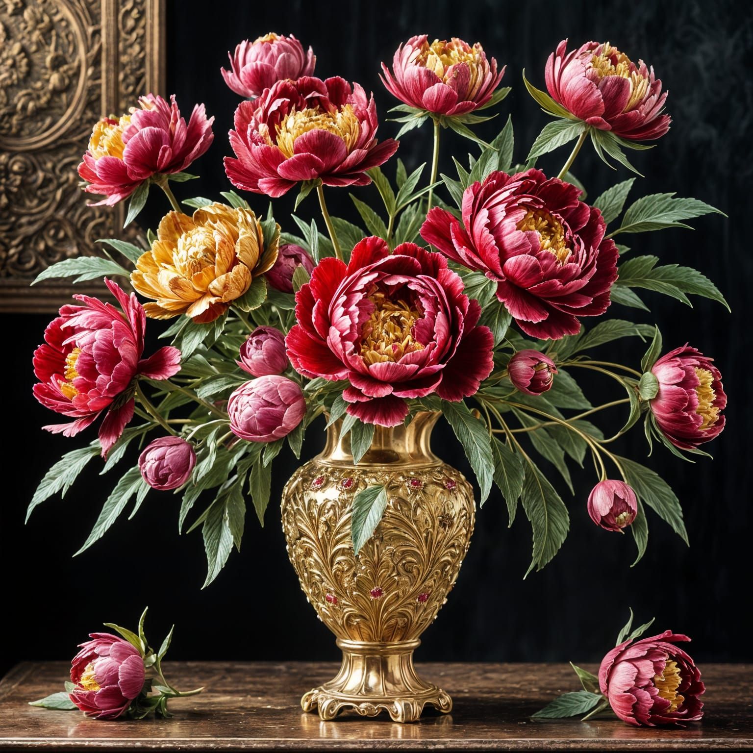 Ornate Gold Vase of Red and Gold Peonies