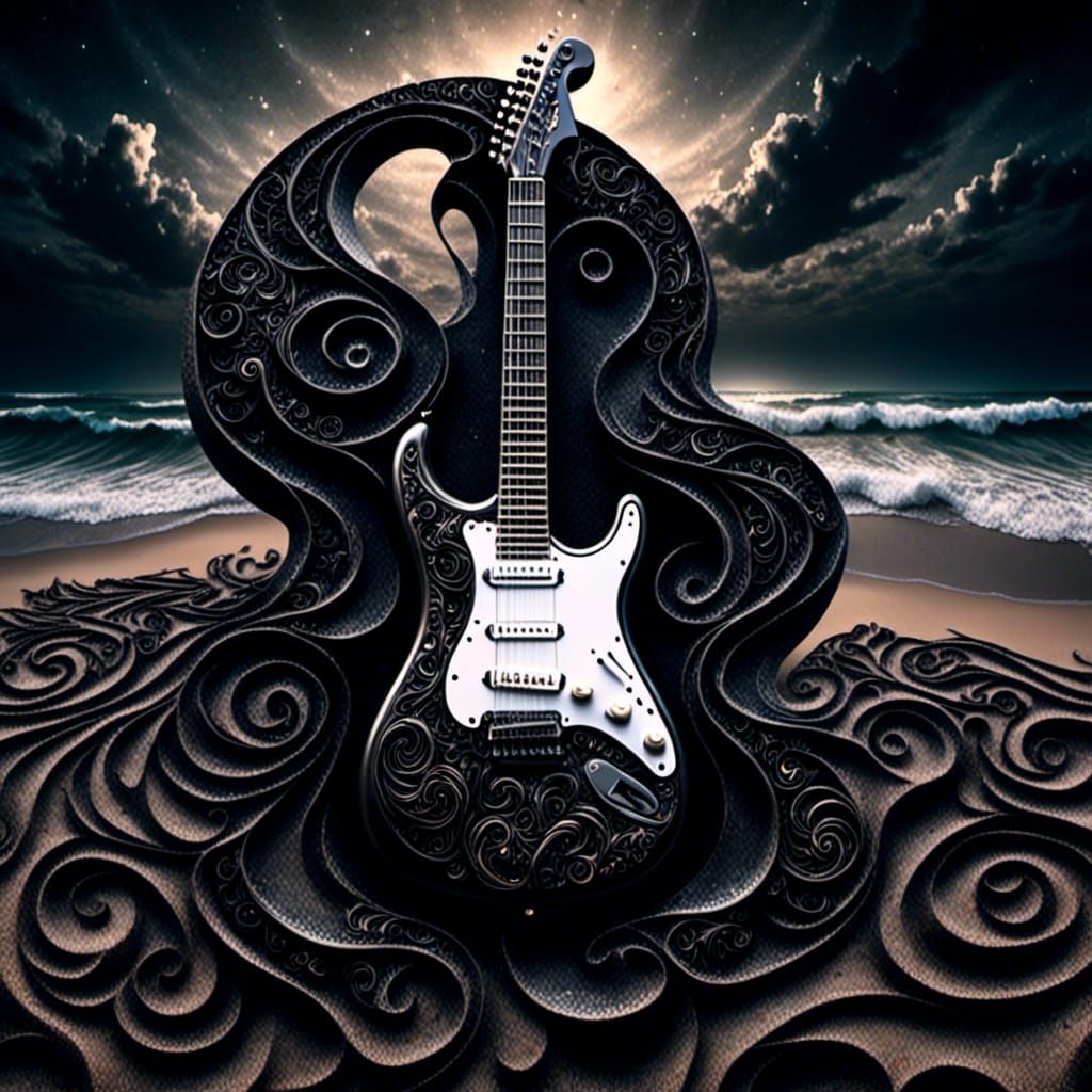 Surreal Gothic Black Guitar on a Moonlit Beach