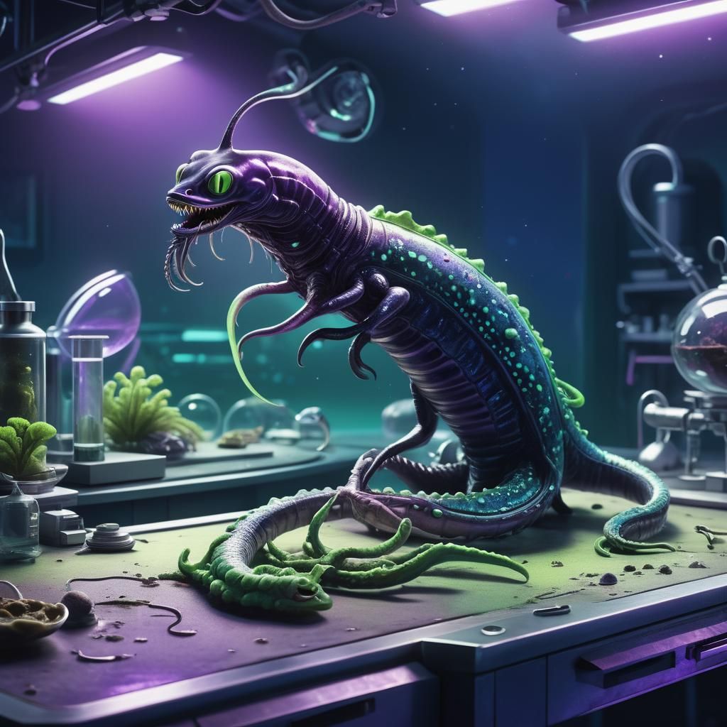 Surreal Alien Eel Specimen in Futuristic Lab