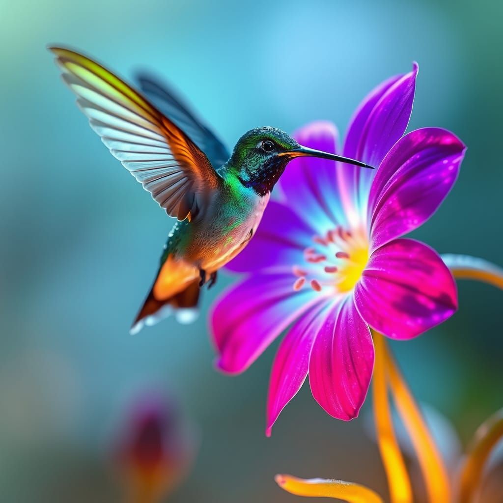 Hummingbird and Glowing Flower in Dreamy Glade
