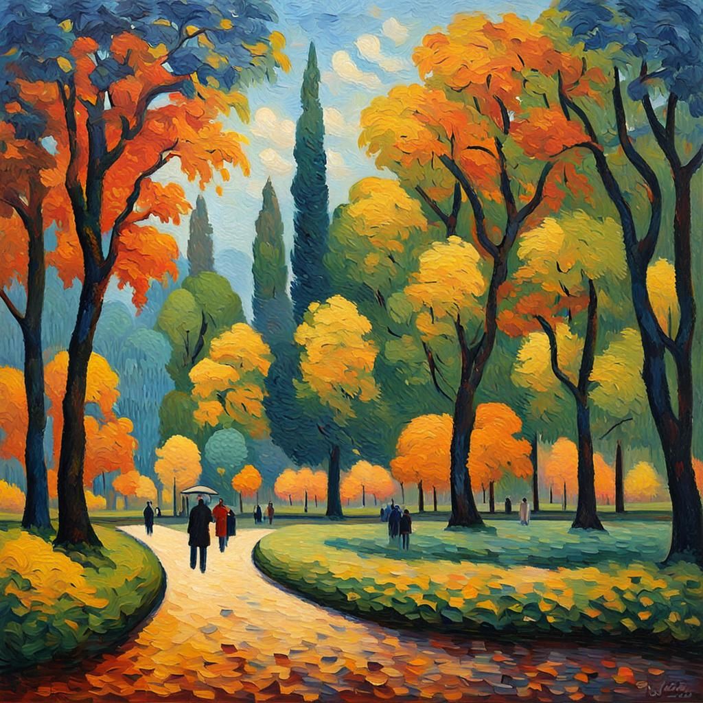 Park Scene in Rousseau Style, Impasto Oil Painting