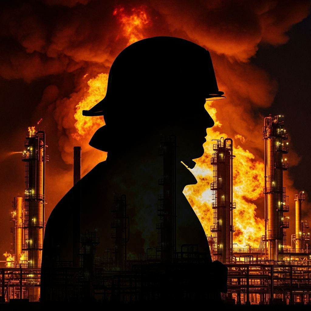 Firefighter Silhouette Against Raging Refinery Fire