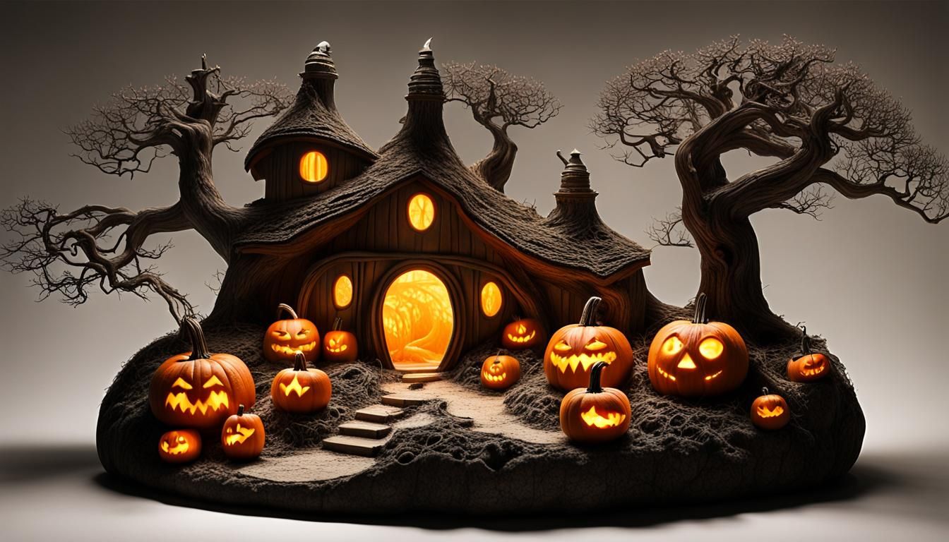 Eerie Pumpkin Hobbit Village in Mystical Forest