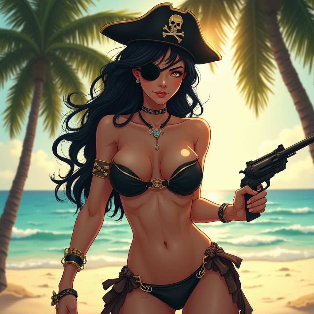 Pirate Woman on Tropical Beach in Photorealistic Style