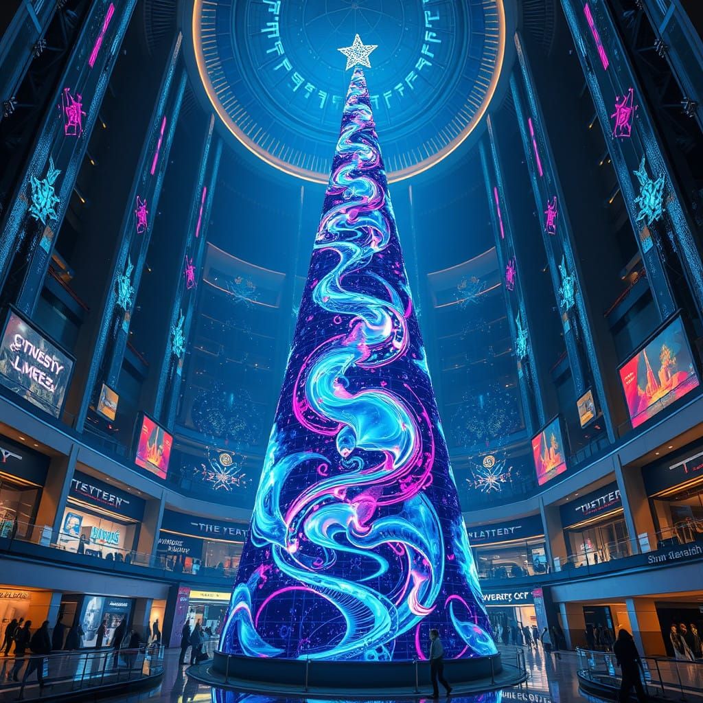 Cyberpunk Hologram Tree Glows in Futuristic Mall