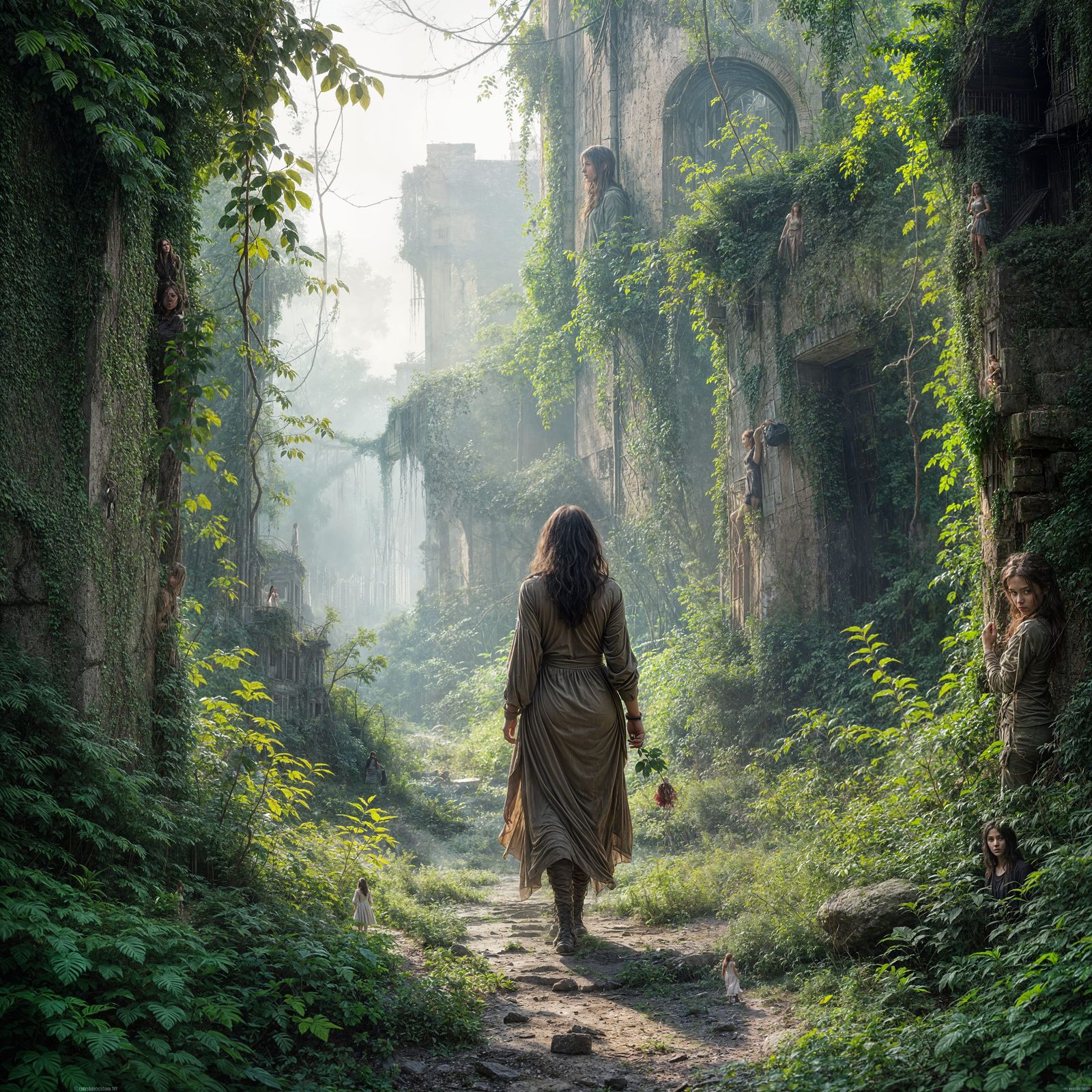 Survivor with Rose in Overgrown City Ruins