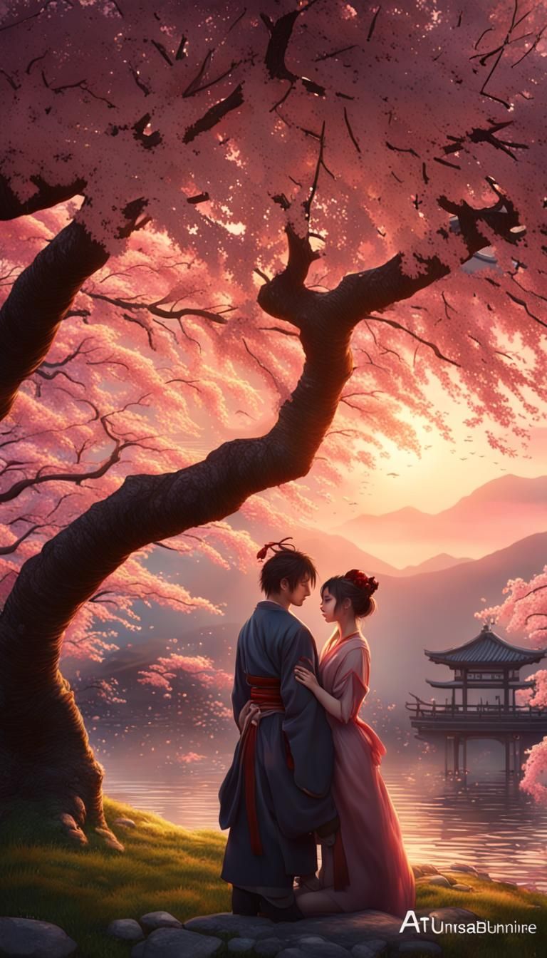 Romantic Sunset Under Cherry Trees in 8k