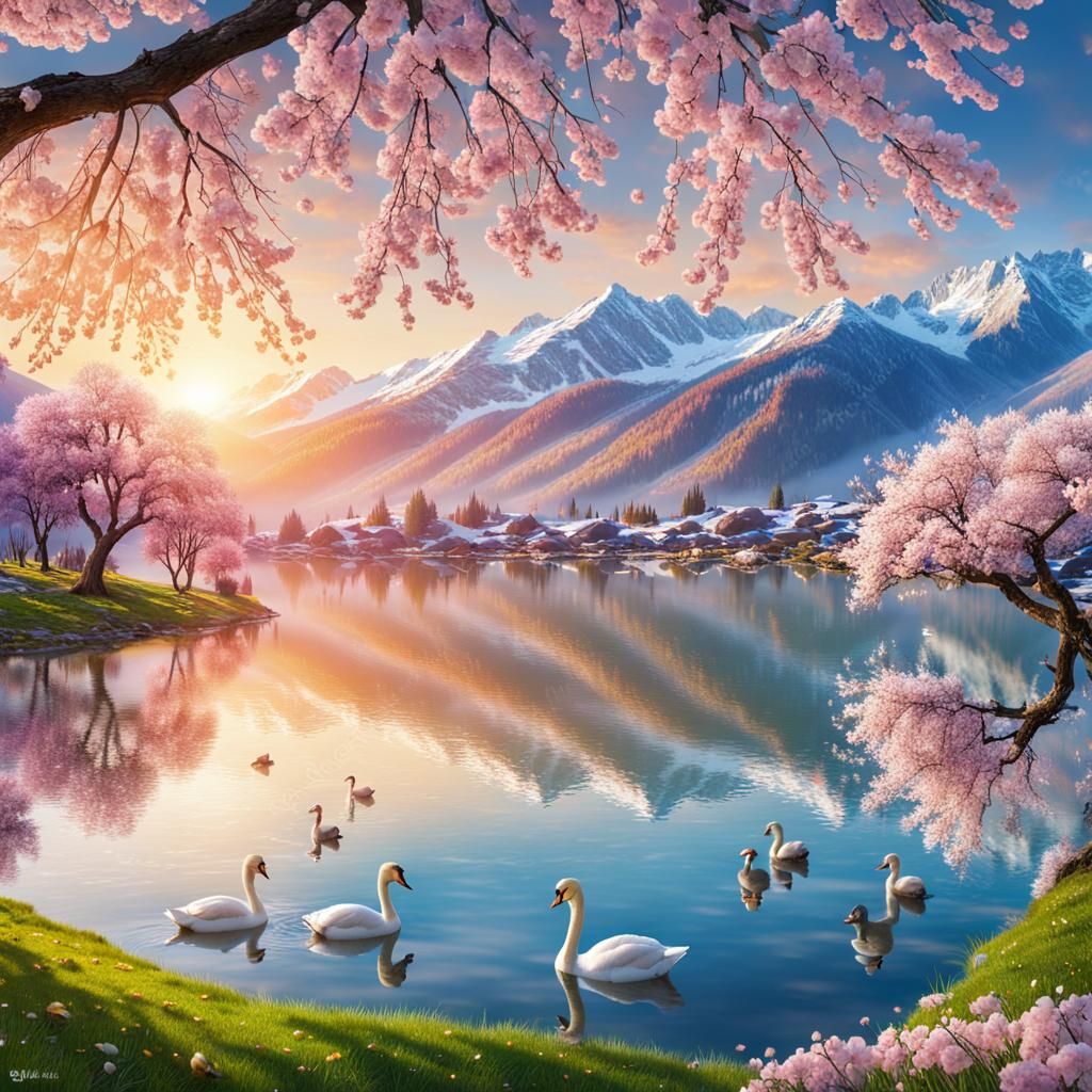 Apricot Trees Bloom at Mountain Lake: Photographic Style