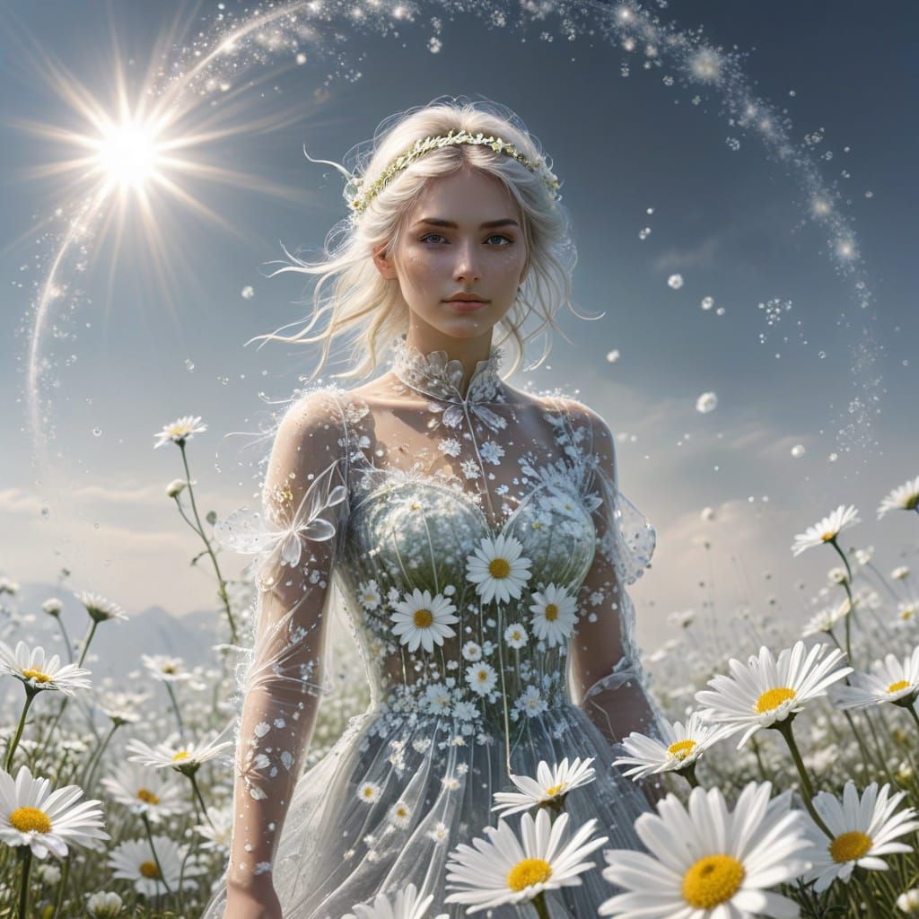 Transparent Silhouette in Spring Meadow with Chrysanthemums