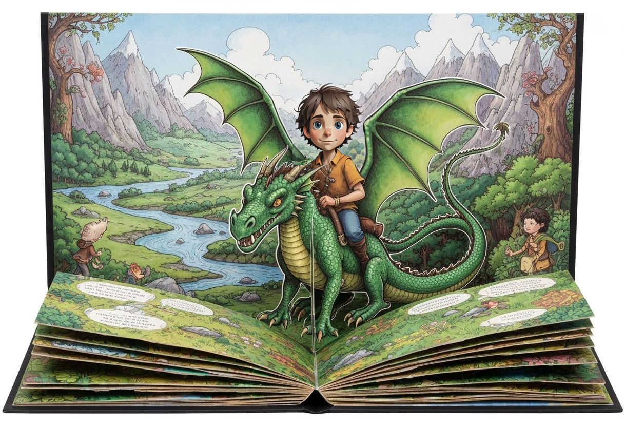 Boy and Dragon in Pop-Up Book Style