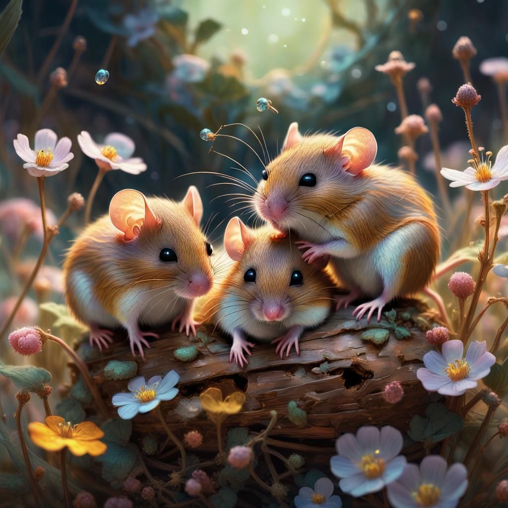 Harvest Mice Dream Among Fireflies in Fantasy Illustration