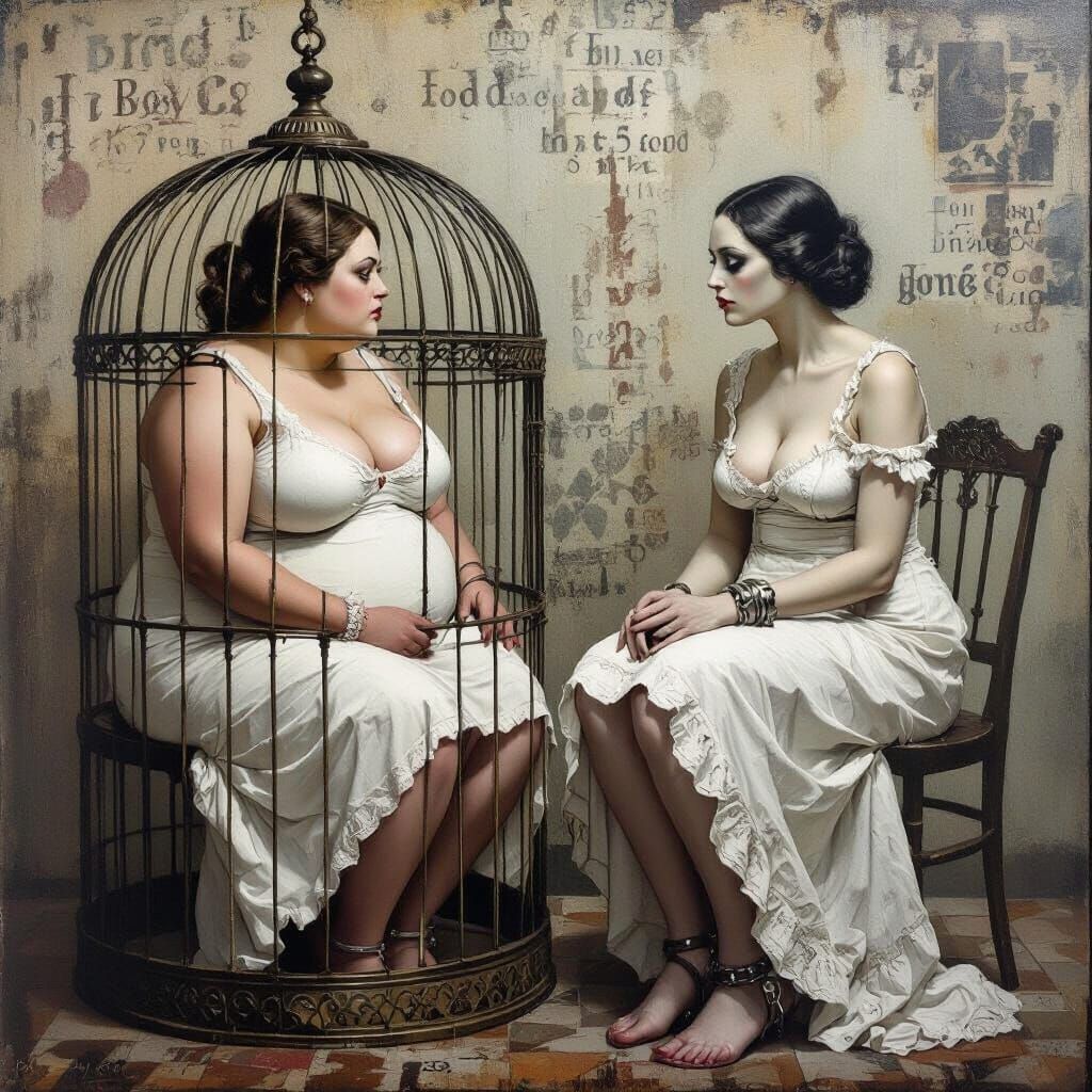 Dual Figures in Ornate Cage: Body Image Commentary