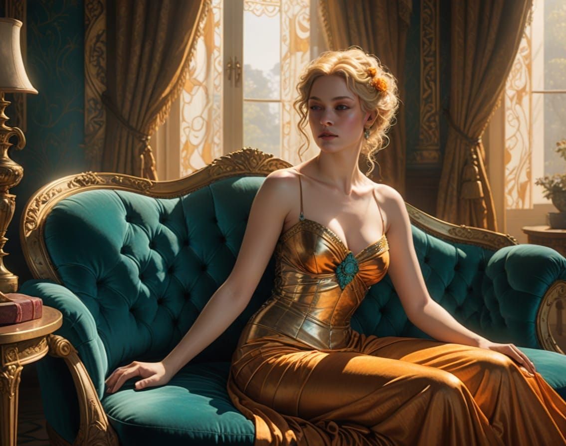 Elegant Blonde Woman Reclining in Sunlit Boudoir