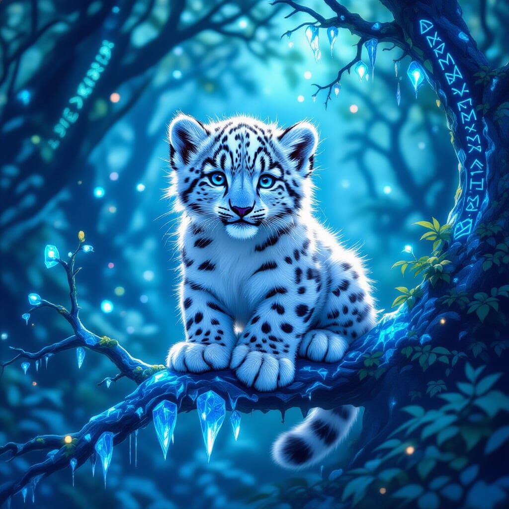 Snow Leopard Cub in Bioluminescent Forest, Ethereal Fantasy ...