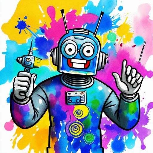 Whimsical doodle art. Close-up. A laughing cartoon cyberman in a doctor's outfit, holding a sonic screwdriver, surrounde...