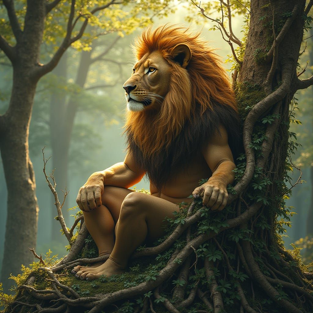 Majestic Lion Seated Upon Vines in Hidden Forest Clearing at...
