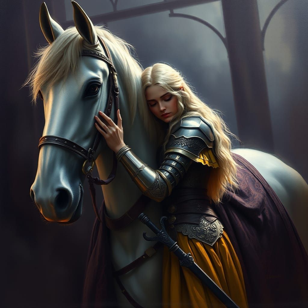 Armored Woman Embracing Horse in Tenebrism Oil Painting