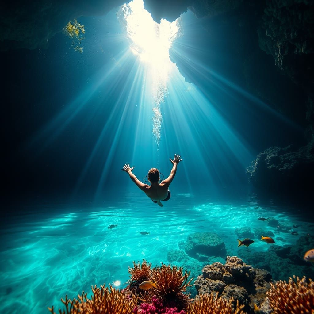 Diver Explores Turquoise Cenote with Sunlight