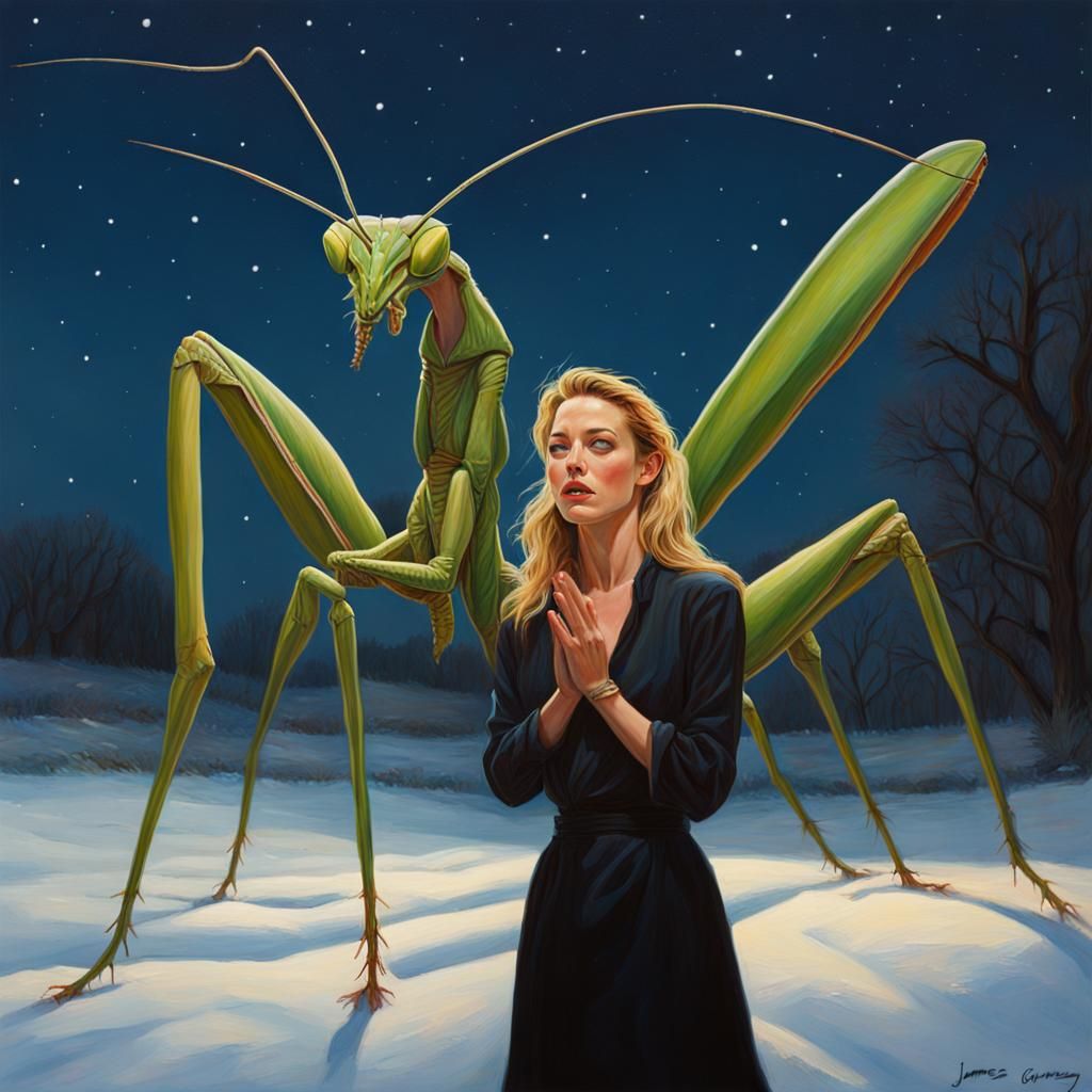 Woman Worshipping Giant Praying Mantis: Oil Painting
