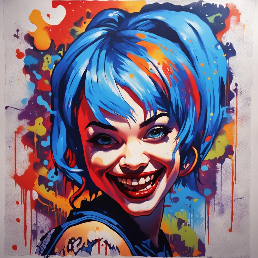 Vampire Pinup Graffiti Art with Polychromatic Hair