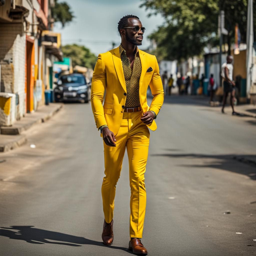 African Businessman in Yellow Suit on Street