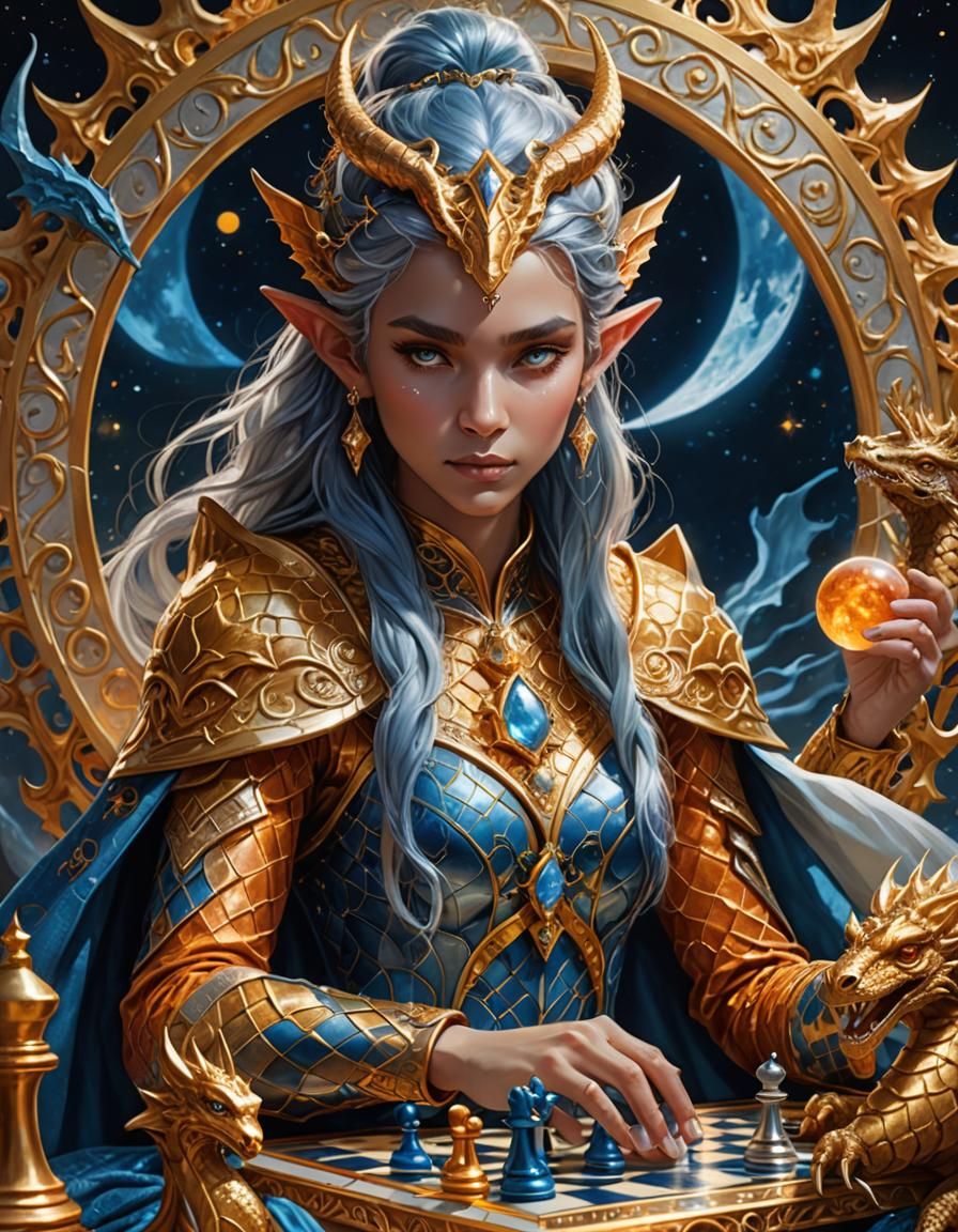 Elf Goddess Playing Chess with Moon Dragon