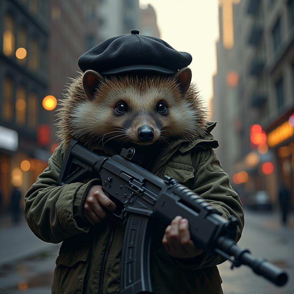 Hedgehog Soldier in Gritty Cyberpunk Cityscape