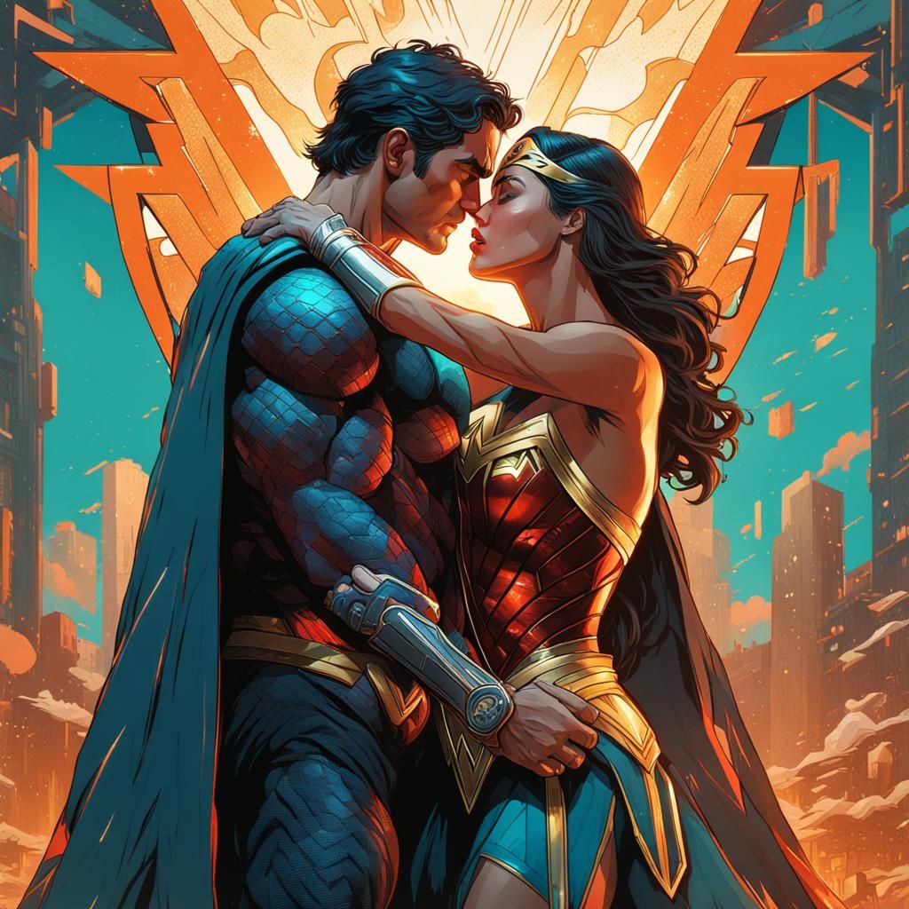 Wonder Woman and Superman Kiss in Digital Art