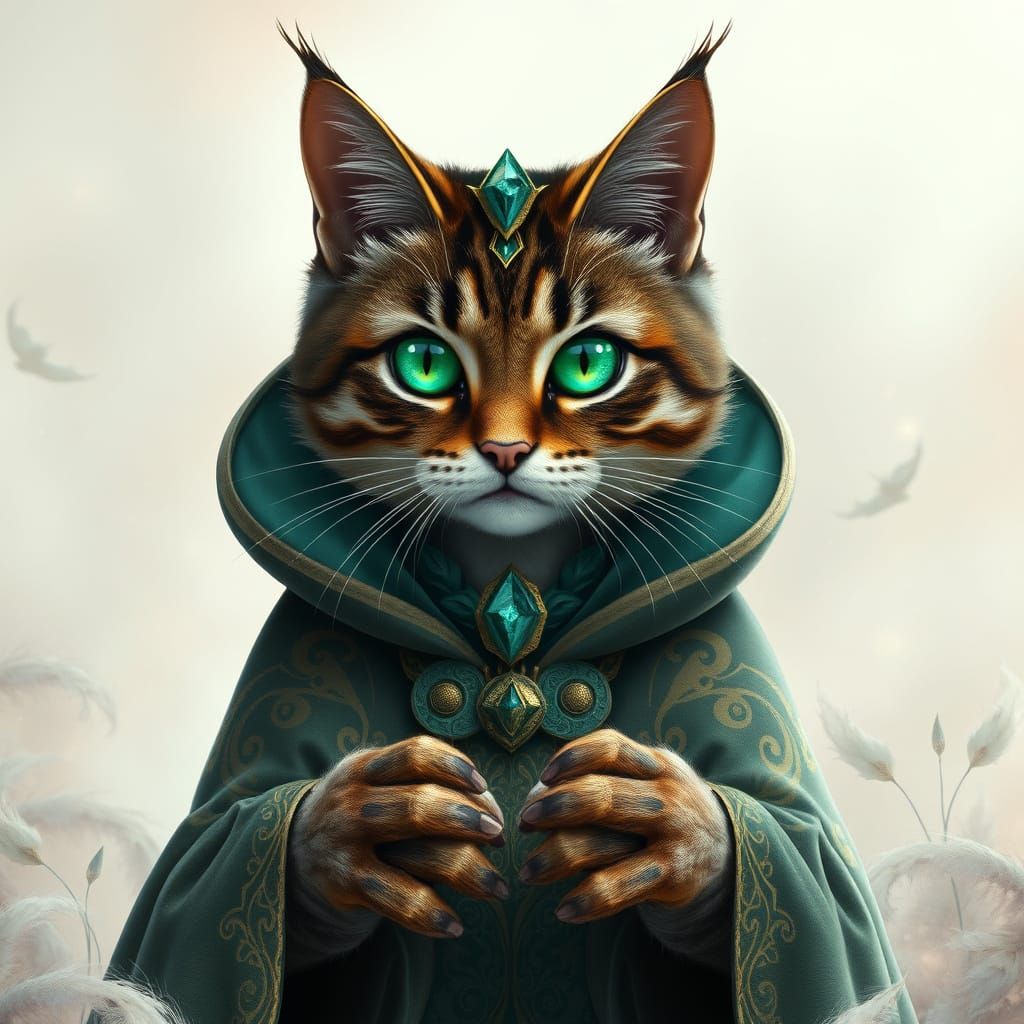 Mystical Cat Sorcerer in Whimsical Watercolor-Inspired Setti...