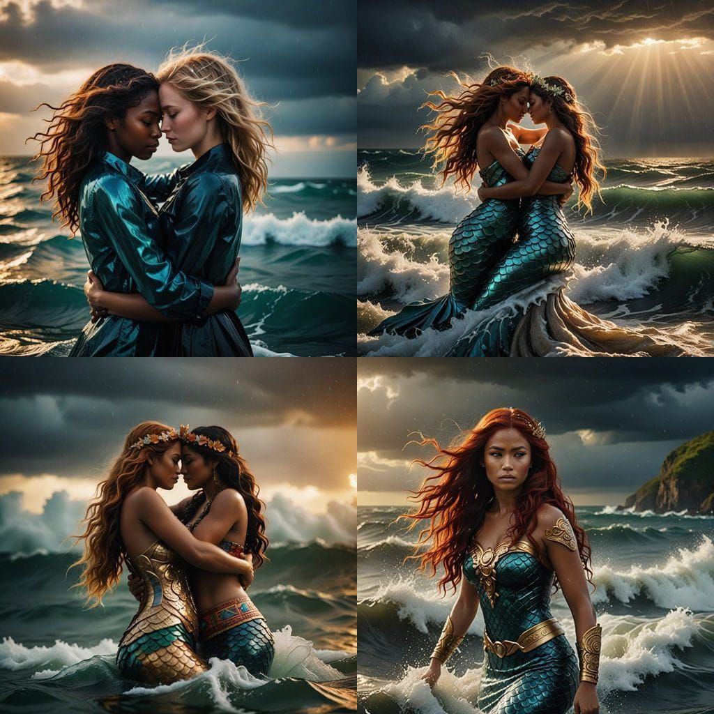 Surreal Goddesses Hold Each Other in a Stormy Ocean Scene