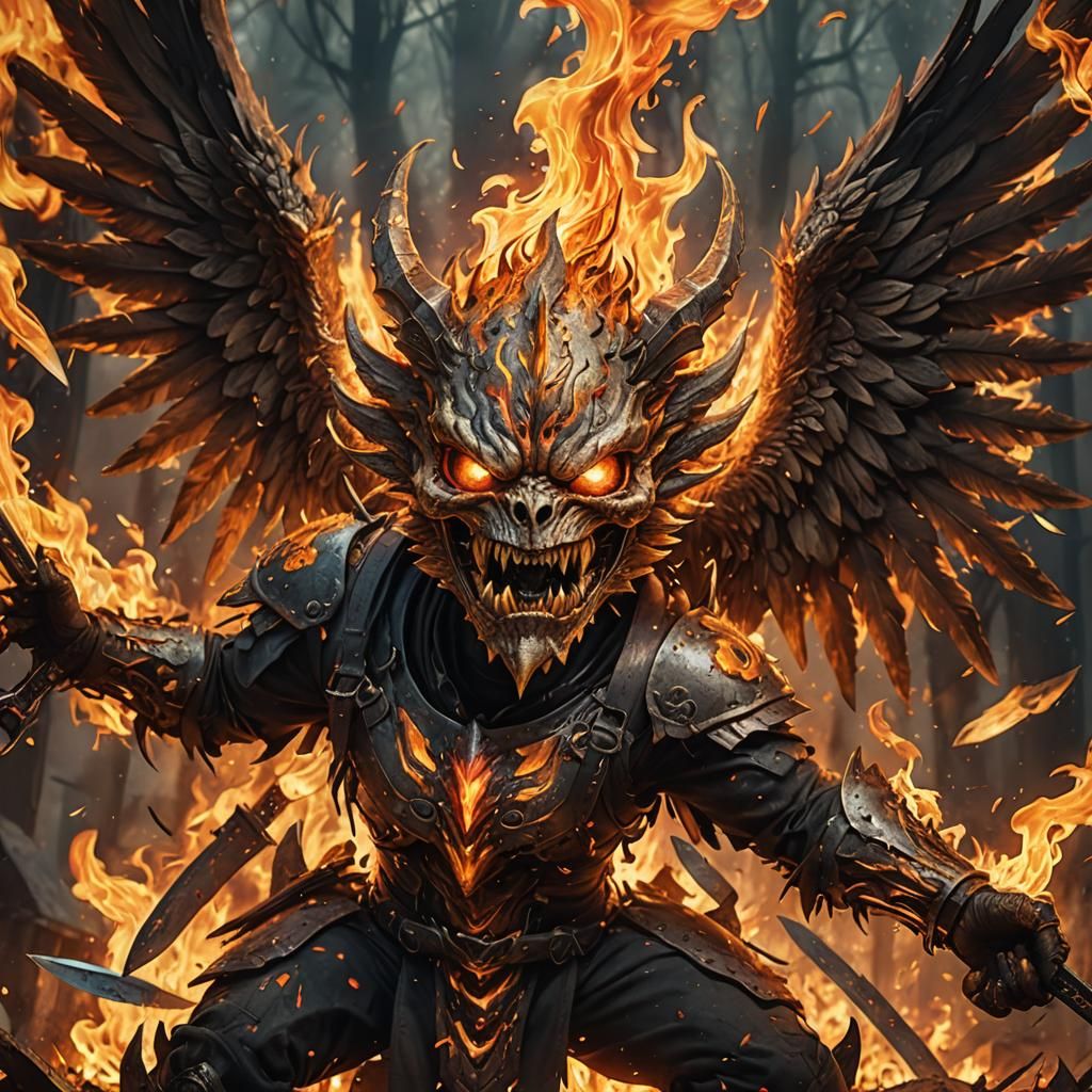 Hyperrealistic Pegasus with Fire Wings and Knives