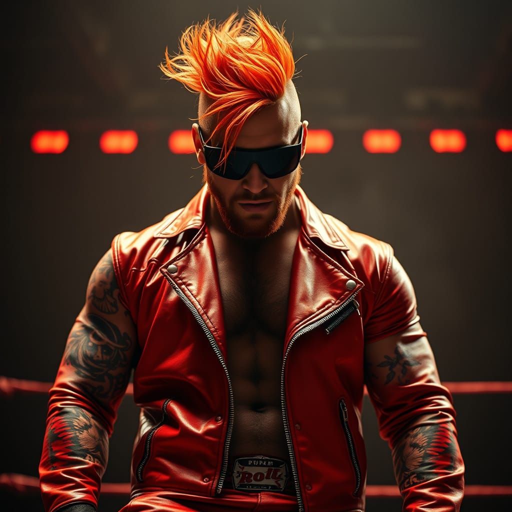 Tattooed Wrestling Icon in High-Contrast Red Leather