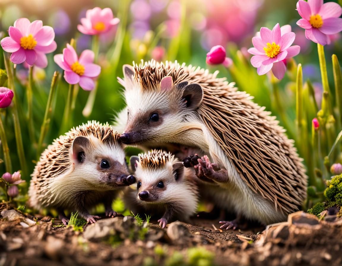 Hedgehog Family in Spring Garden Close-Up