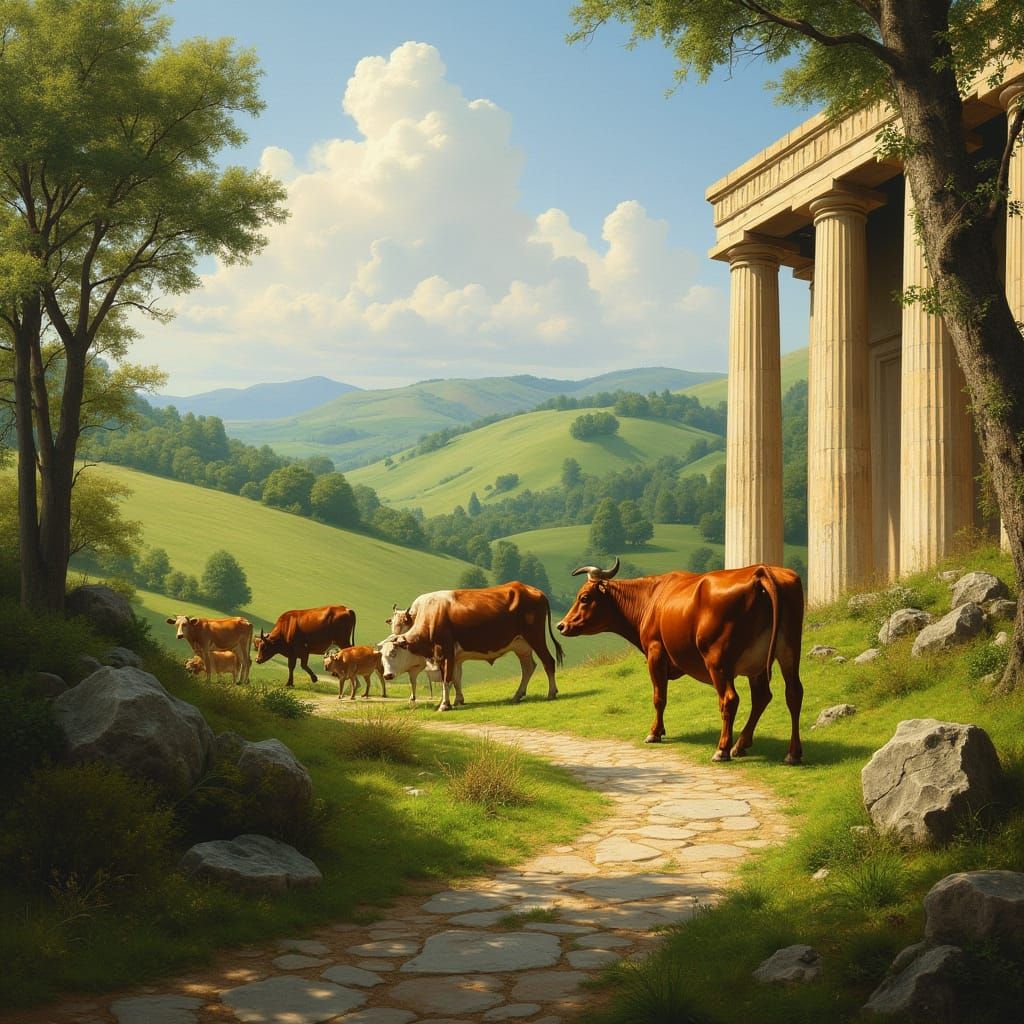 Cows Grazing in a Sunlit Pastoral Scene