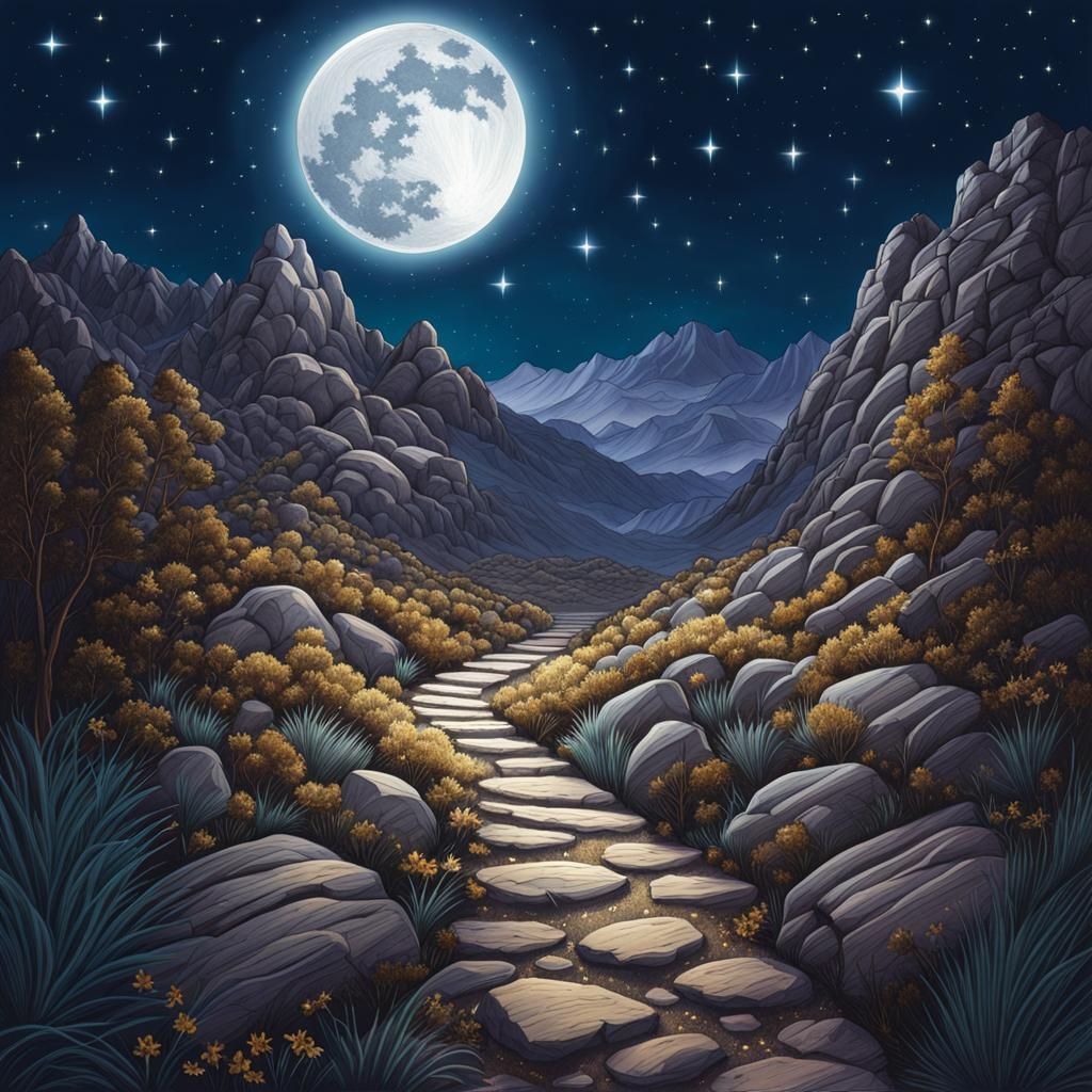 Moonlit Mountains: Ink and Pencil Drawing of Rocky Path