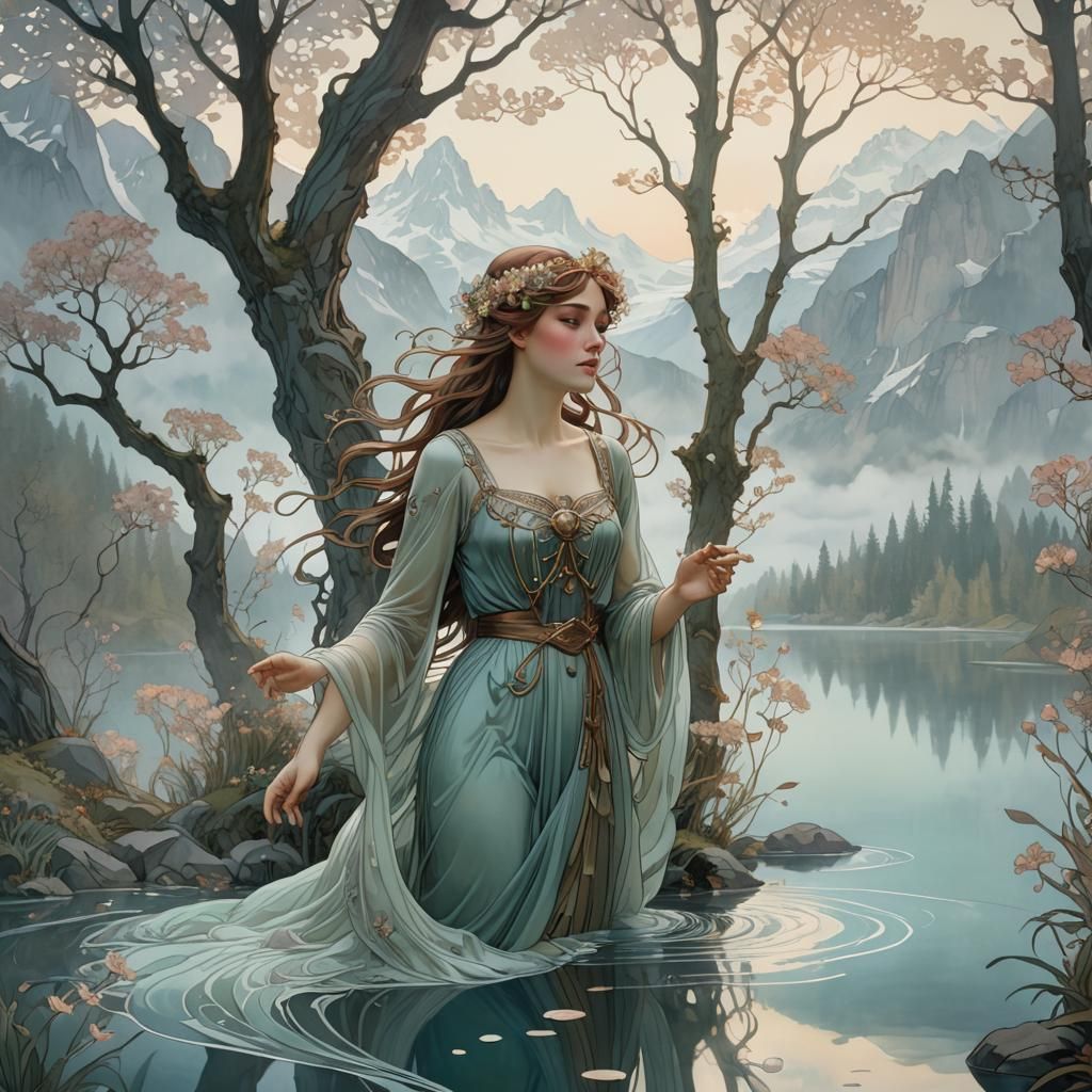 Art Nouveau Lake with Misty Mountains