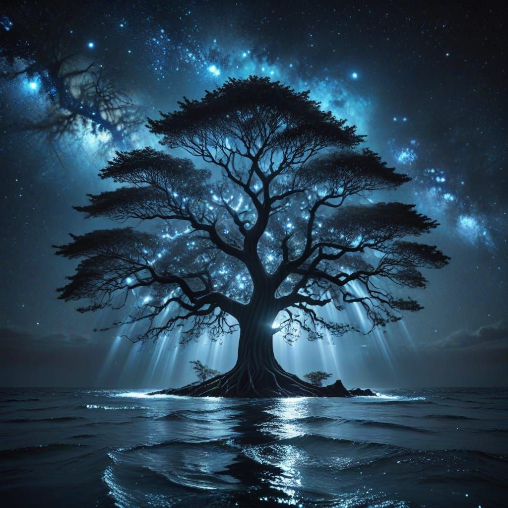 Cosmic Tree of Moonlight Ascends into Galaxy Skies