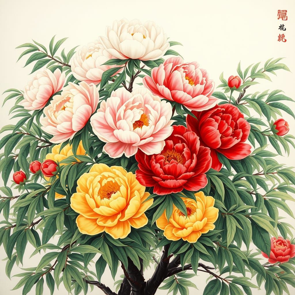 Tree Peonies in Ink Wash Style