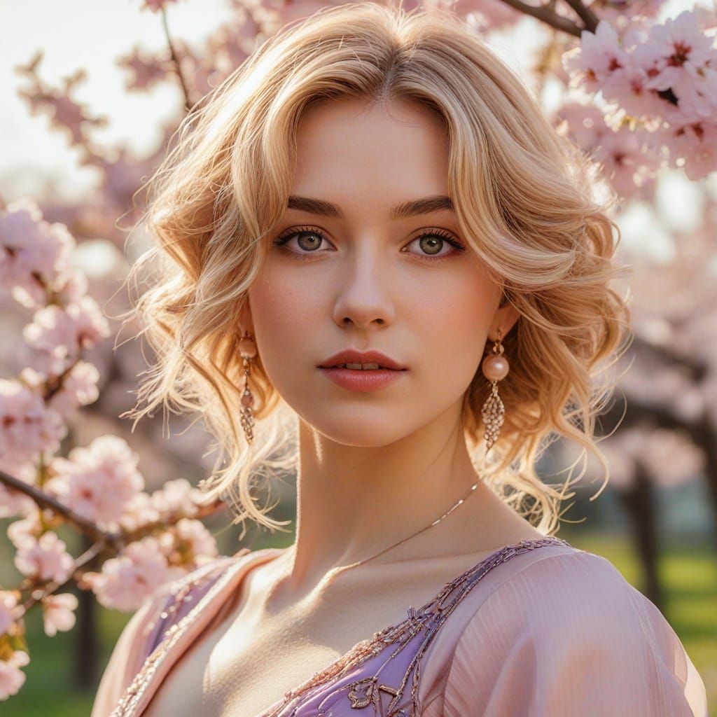 Golden Haired Woman in Cherry Blossoms, Artgerm Style
