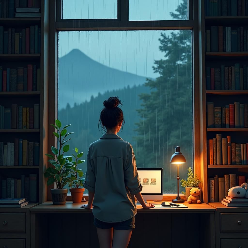 Melancholic Woman in Cozy Library: Detailed Matte Painting