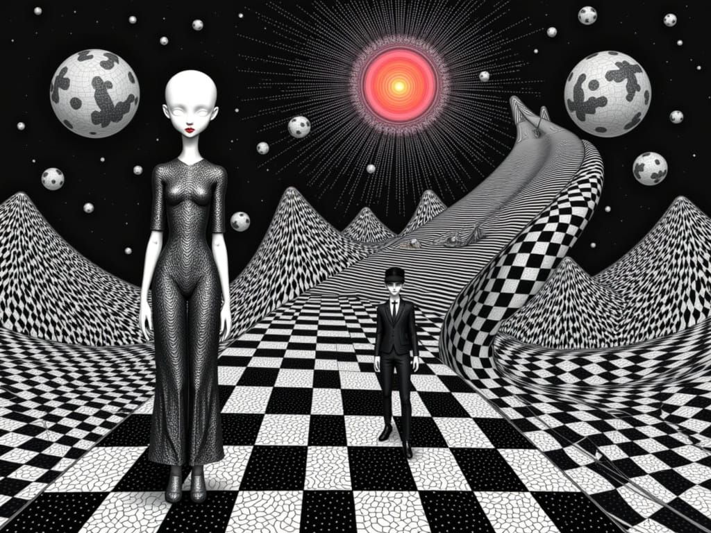 Alice, Neo, and the White Rabbit in Klimt Style