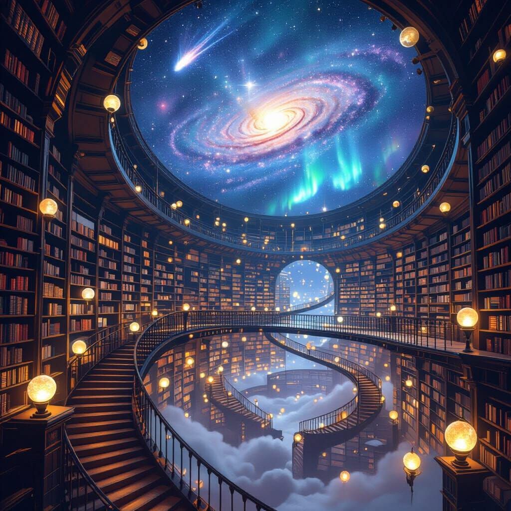Infinite Library Under Cosmic Sky