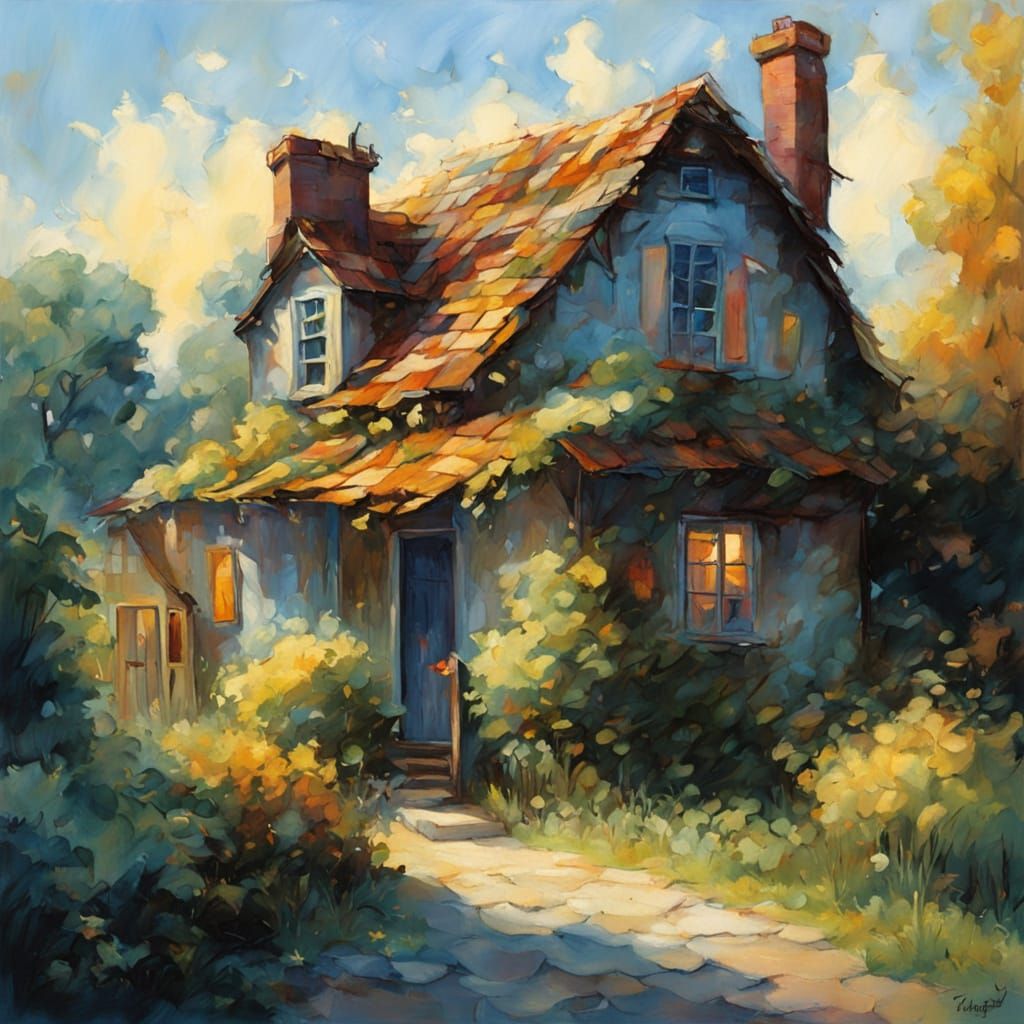 Whimsical Folk Art House in a Lush Garden Scene