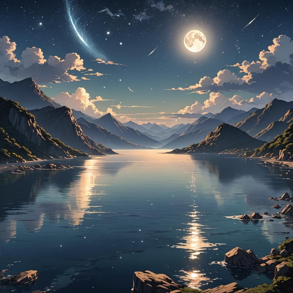 Moonlit Sea Reflection: Anime Style Glistening Stars